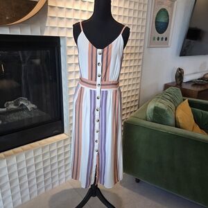 Daytrip Boho Spring Summer Midi Dress, Adjustable Straps + Multicolor Stripes